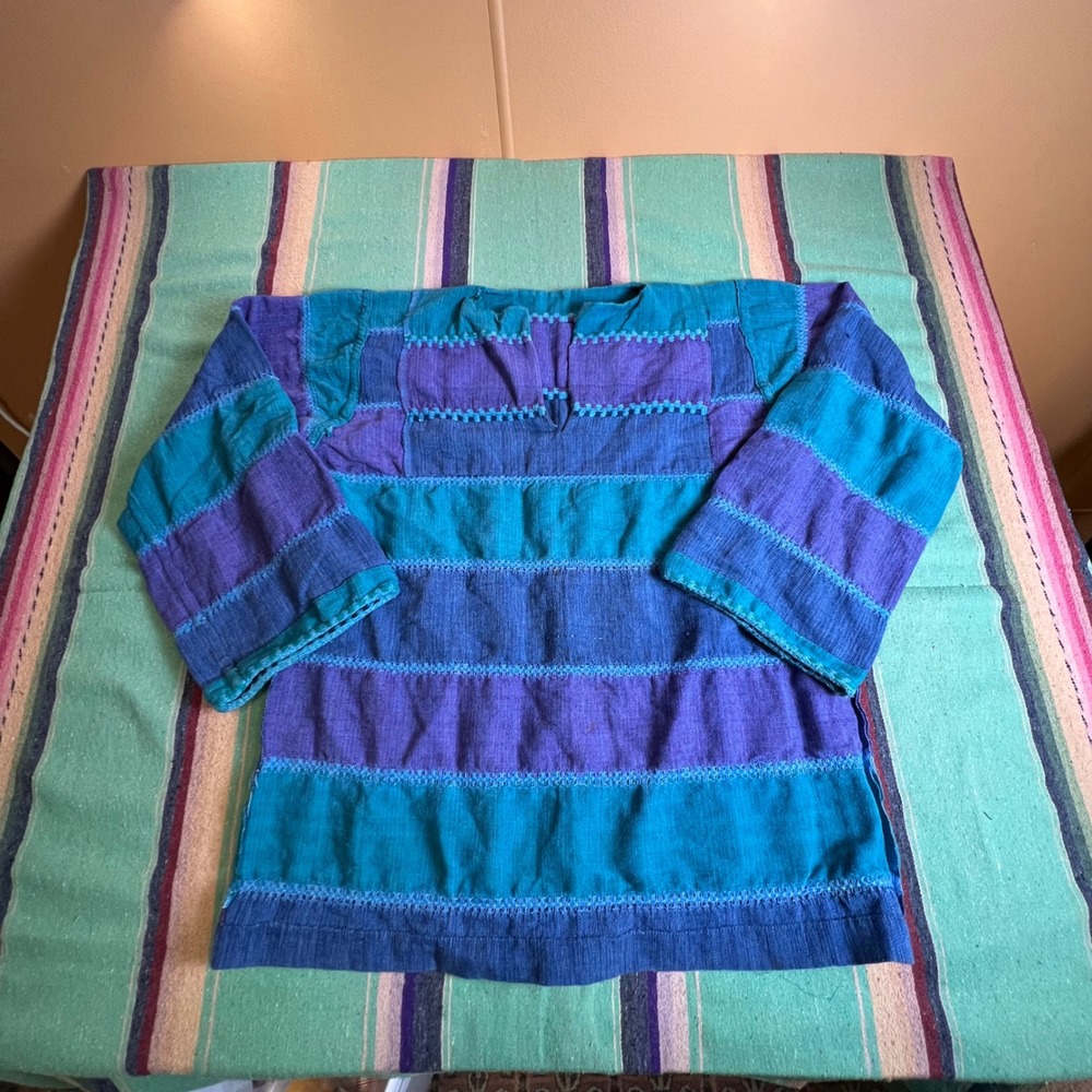 Handmade Artisan Patchwork Tunic Women L Blue Teal Purple Woven Boho Top